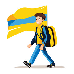 Boy walking with a smile, carrying a backpack, and holding a large flag. Shows patriotism, youth, and happiness. Student pride and national spirit vector illustration.