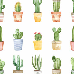 Cute watercolor seamless pattern of rows of small cacti in pots with tiny flowers isolated on a white background. High quality