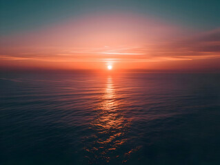 Naklejka na ściany i meble Sunrise over the horizon of the sea aerial view cinematic photo. High quality
