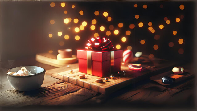 a red gift box sitting on top of a wooden table, a 3D render Menges, pixabay contest winner, photorealism, bokeh, stockphoto, rendered in cinema4d