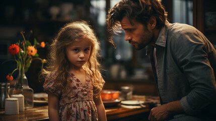 Little girl and father arguing in the kitchen - obrazy, fototapety, plakaty