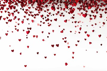 Abstract red valentines day hearts raining down isolated on white background