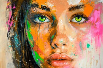 An abstract painting illustration portrait of a beautiful young female person with green eyes. colorful splashes
