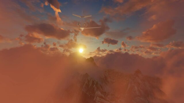 Airplain flying trough red clouds at sunset