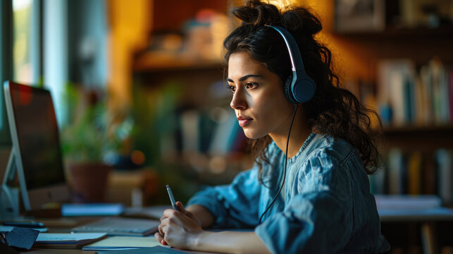 Focused woman wearing headphones. She is engaged in studying or working on a laptop while taking notes - Powered by Adobe