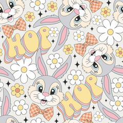 Groovy cute catroon bunny portrait with a bow tie floral vector seamless pattern. Happy Easter holiday background.