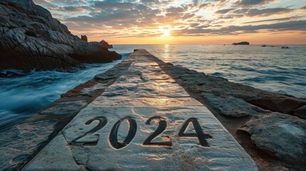 Sunset over the sea 2024 AI Generated Digital Art - obrazy, fototapety, plakaty