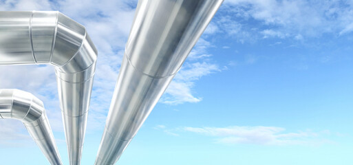 Pipes in blue sky, heating cooling plant air ventilation ductwork. Concept of Eco-sustainable...