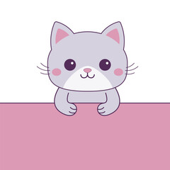 Cat hanging on paper. Funny Kawaii pet animal. Little kitten with holding hands. Paw print on the table. Cute cartoon baby character. Line contour doodle silhouette. Flat design. Pink background.