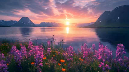 Foto op Plexiglas Wallpaper moody sunset ocean sun and mountains. Purple flower on the close view. High-resolution © fillmana