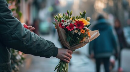 person giving a bouquet of flowers to a stranger on the street