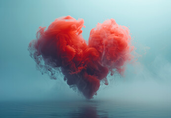 Heart shape made from acrylic red paint in the water. Cloudy, love background.
