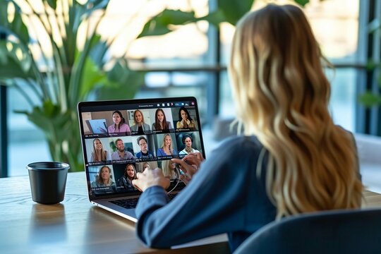 
Business Woman Female Team Leader Manager Executive Having Hybrid Office Business Group Meeting, Remote Workers Discussing Work Plans By Video Digital Conference Call On Laptop