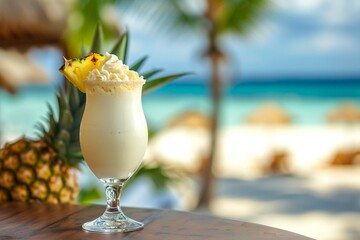 Closeup photo of fresh cold alcoholic fruit pinna colada cocktail drink glass with cream and pineapple with blurry tropical beach bar in the background.