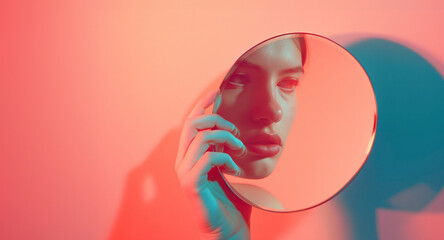 Mirror in a female hand with a reflection of a woman's face. Retrospective, conceptual background.