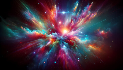 Explosión Cósmica de Colores Arcoiris en el Espacio Profundo, Representando el Universo Infinito, los Fenómenos Galácticos y los Sistemas Planetarios Desconocidos - Ilustración Digital de Fantasía - obrazy, fototapety, plakaty