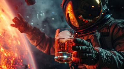 An astronaut holding a cold party drink cocktail. Event celebration