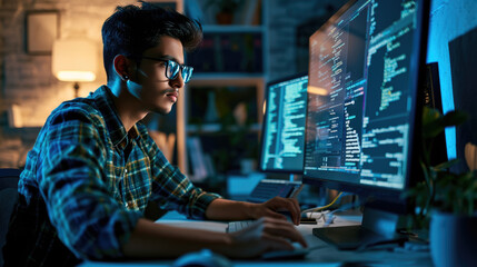 Focused male programmer working in a dark office environment, typing intently on a keyboard while multiple monitors display lines of code