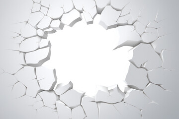 A white concrete wall with a hole ripped and torn through the centre aperture opening making a frame or border, png file cut out and isolated on a transparent background, stock illustration image