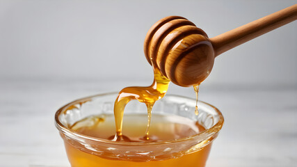 wooden honey dipper with dripping honey, isolated on white background - obrazy, fototapety, plakaty