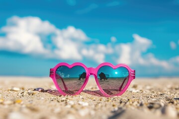 Fototapeta na wymiar Pink heart-shaped sunglasses on a bright sunny day