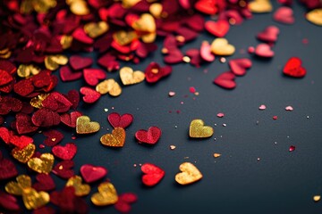 Red and gold heart-shaped confetti scattered on a black background