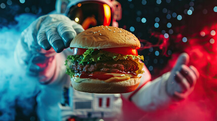 Spaceman holding in gloves a delicious hamburger in open space background