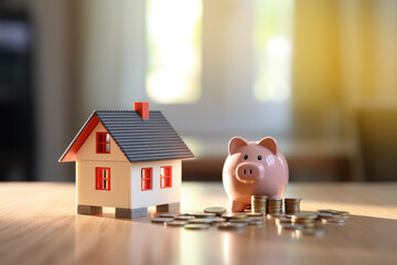 House and pig piggy bank with coins. Real estate and savings. Saving money to maintain property. Municipal budget for the maintenance of buildings. Price cost estimate. Payment of taxes and utilities - obrazy, fototapety, plakaty