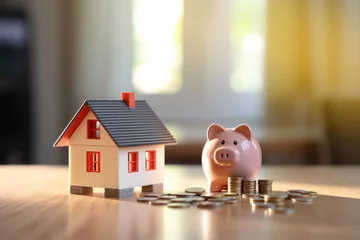 Fotobehang House and pig piggy bank with coins. Real estate and savings. Saving money to maintain property. Municipal budget for the maintenance of buildings. Price cost estimate. Payment of taxes and utilities © Andrii Yalanskyi