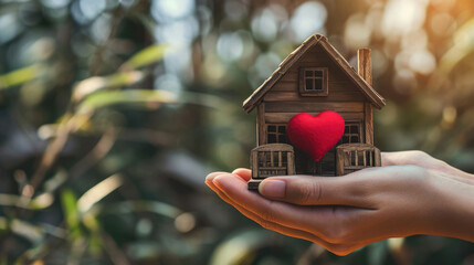 Home sweet home concept. Dream housing. Real estate. Hands holding miniature house with a red heart outdoors on a sunny summer day.