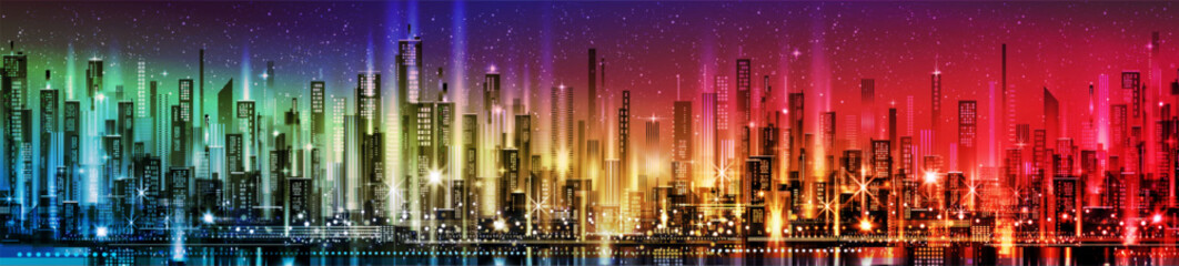 Urban vector cityscape at night. Skyline city silhouettes. City background with architecture, skyscrapers, megapolis, buildings, downtown. - 707816196