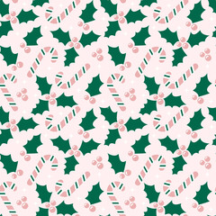 Christmas candy canes and holly leaves seamless pattern repeat pattern 