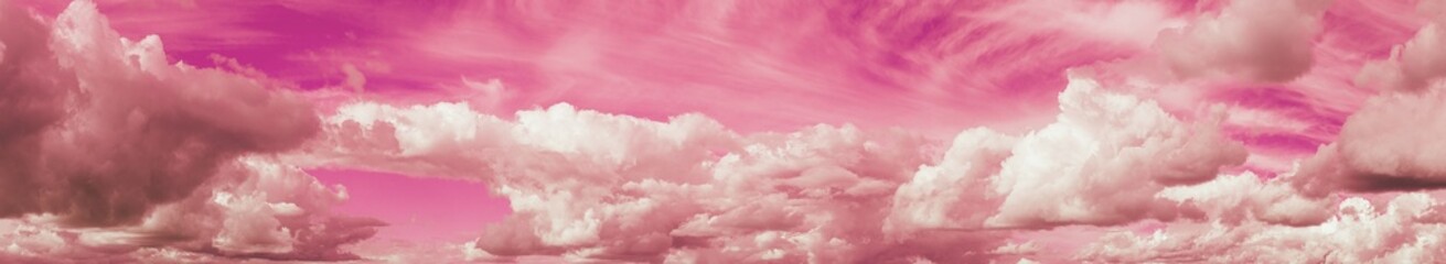 Bright Toned Purple Panorama Of Cloudy Sky. Natural Day Cloudy Sky Abstract Background. Panorama Panoramic View. Backdrop. Copy Space. Red Colors.