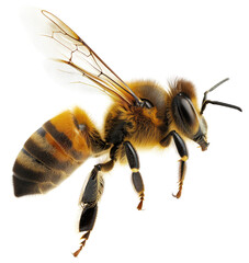 Closeup of a flying honey bee isolated on a transparent background