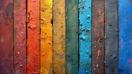 Old rustic planks on rainbow painting colors.