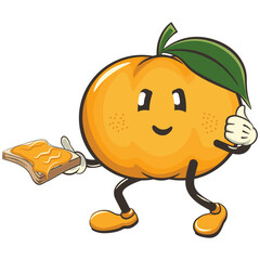 vector illustration of a cute mandarin orange character mascot holding a piece of bread with a spread of orange marmalade