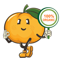 vector illustration of a cute mandarin orange character mascot carrying a sign that says one hundred percent organic