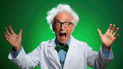 Man with wild white hair and glasses, wearing a lab coat, excitedly throwing his hands up in the air against a green background