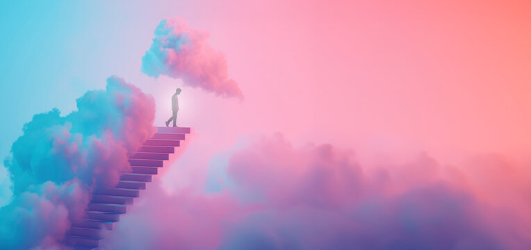Man standing on top of the staircase leading to heaven looking down. Paradise, death background. Ai generated image