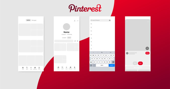 Pinterest interface mockup. Pinterest pages mockup. White red background. Social media layout icons. Social media interface template. Editorial interface mockup of Pinterest. Vector illustration