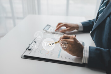 Concepts for managing and planning annual tax payments, managing income to pay taxes according to law, personal income tax, tax deductions, managing income and expenses. - obrazy, fototapety, plakaty