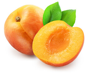 Ripe apricot with leaf and apricot half isolated on white background. File contains clipping path.