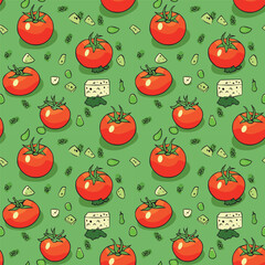 Tomatoes, greens, cheese seamless pattern in with products for soup, salad, sauce and other delicious Vegetarian food for gourmets who love to eat. Vector.