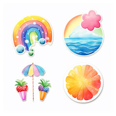Summer watercolor collection with watermelon, lemon, flamingo and ice cream illustration