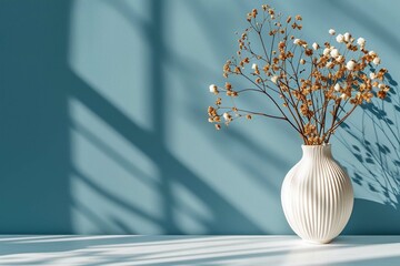 Field dried flowers in white vase on table against blue wall background. Interior design of modern living room with space for text