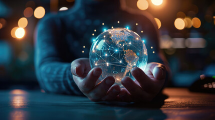 Pair of hands holding a transparent globe with digital connections and nodes superimposed over it, representing a network, global communication - obrazy, fototapety, plakaty