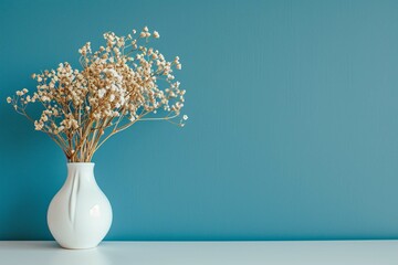 Field dried flowers in white vase on table against blue wall background. Interior design of modern...