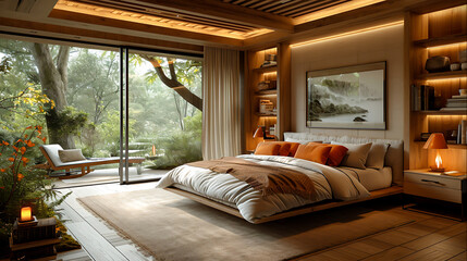 Naklejka premium Contemporary Bedroom with Elegant Furniture, Lining Wall, and Beam Ceiling, Generative Ai