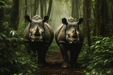 Rhinos standing in the forest, africa, in the style of symmetrical compositions, photo-realistic landscapes, , wimmelbilder, unprimed canvas, candid moments, high speed sync


