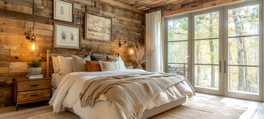 Fototapeta na wymiar Contemporary Bedroom with Elegant Furniture, Lining Wall, and Beam Ceiling, Generative Ai